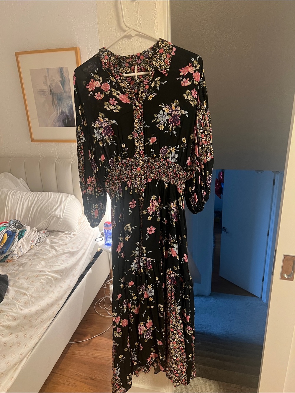 Free People Black Floral Maxi Dress with Pink & Purple Blooms